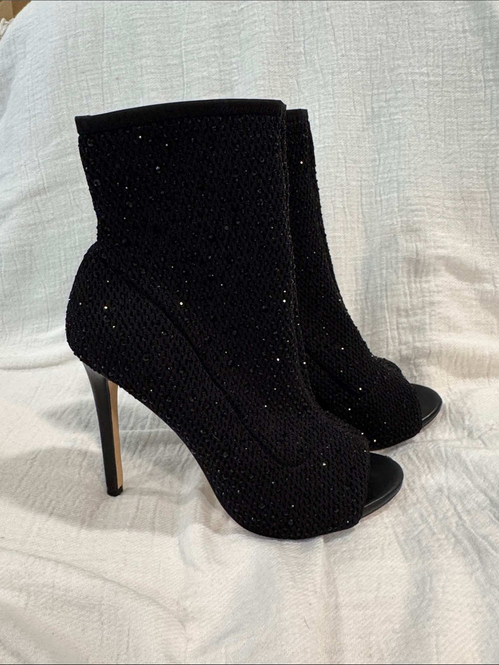 Aldo Black Sequin Peep-Toe Stretch Sock Heeled Booties women’s size 8